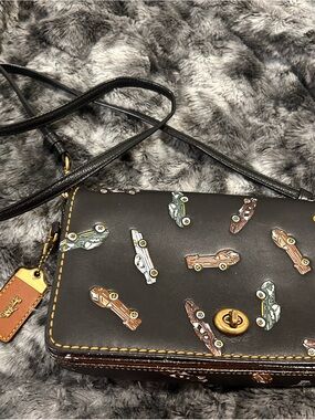 Coach Black Leather Crossbody with Multicolor Car Print
